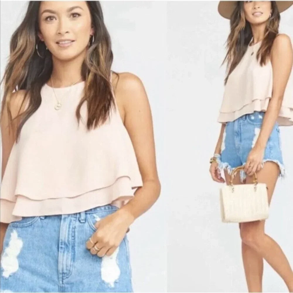 Show Me Your Mumu Womens King Crop Top Pink Crew Neck Keyhole Back Layered S New
